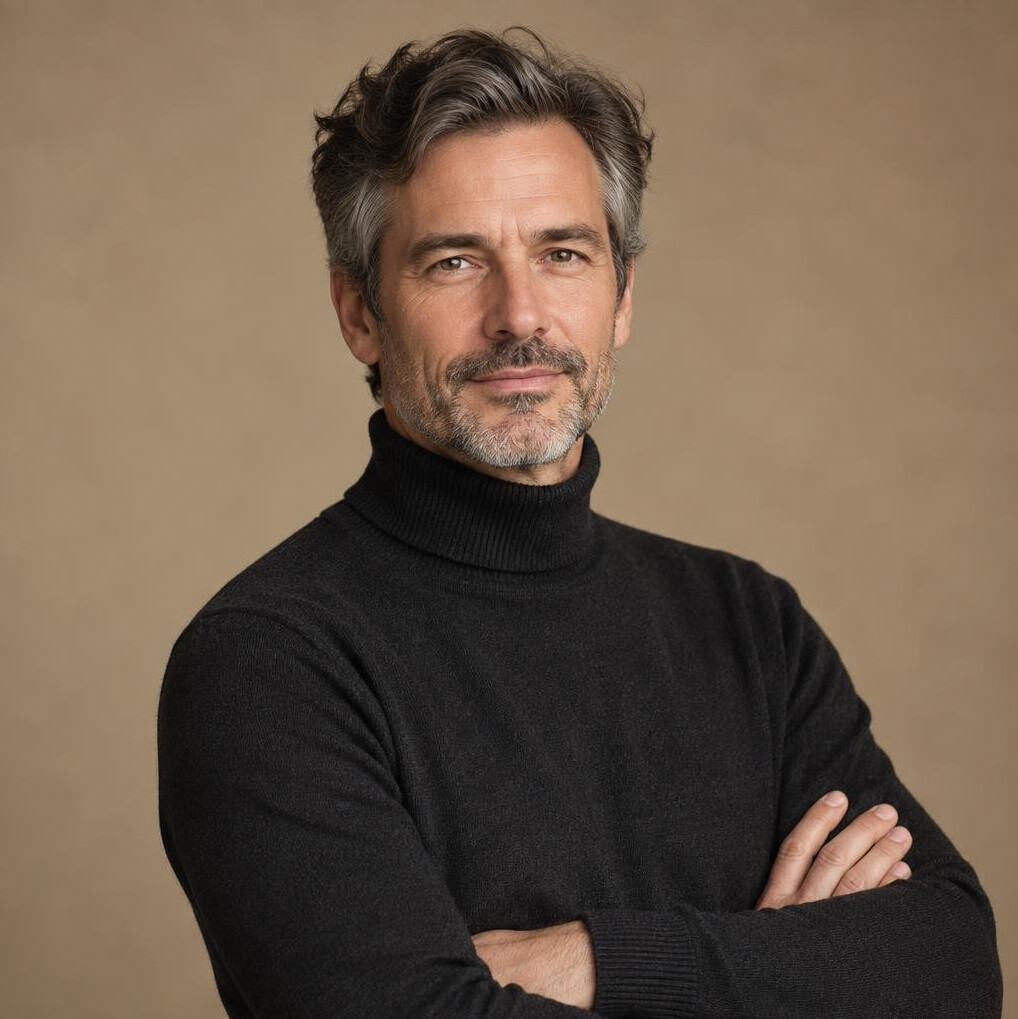 Studio portrait of a man founder of a media school