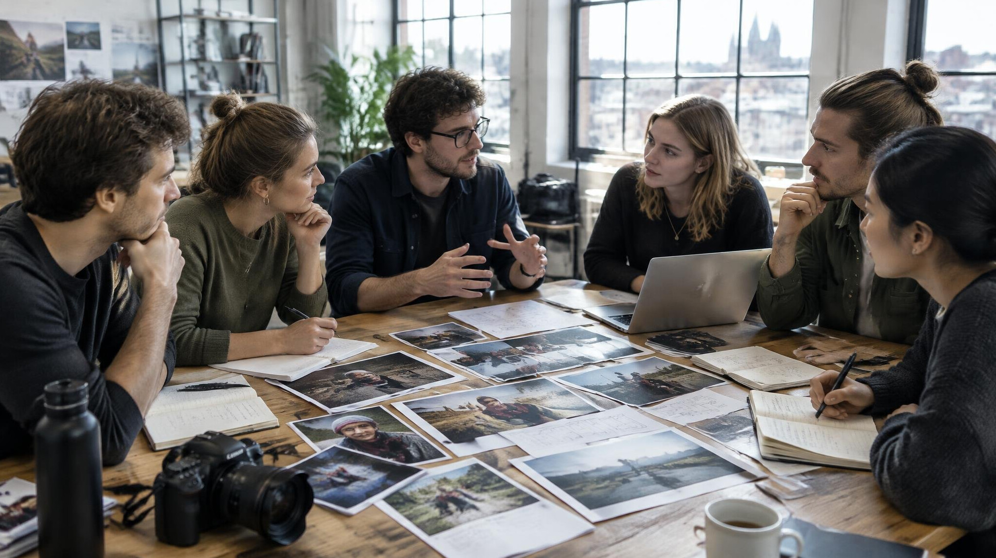 Team of people discussing a story around a table with papers