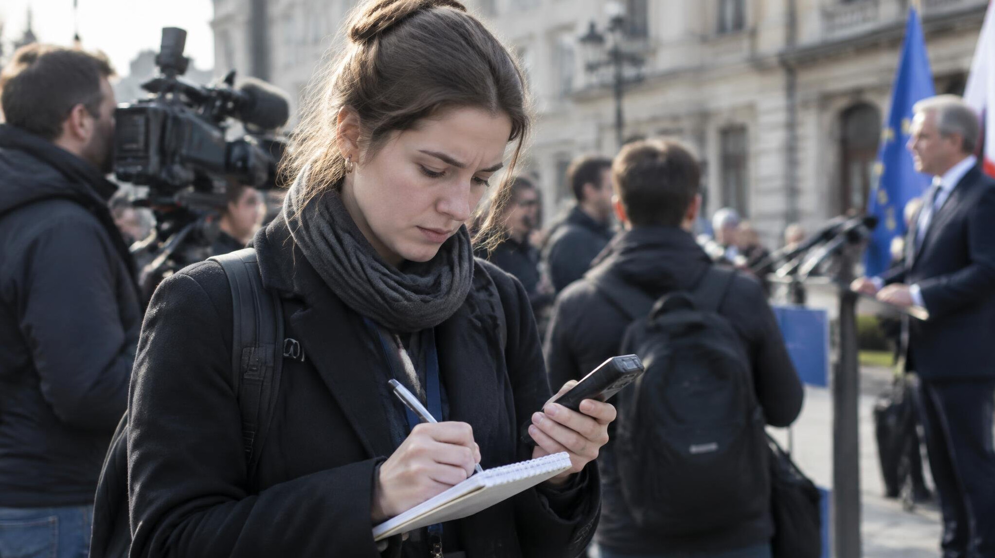 Reporter taking notes at a press event