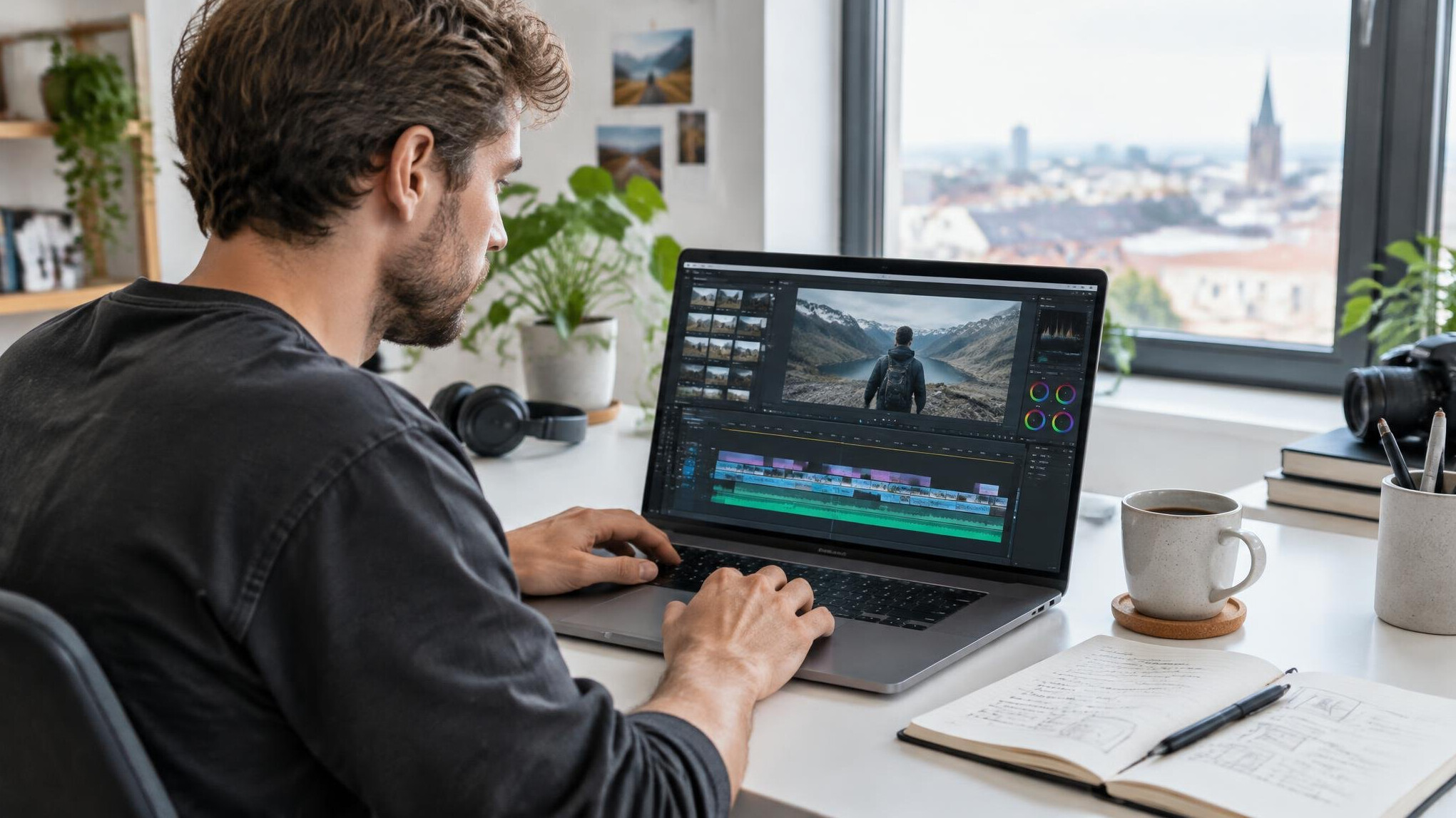 Person reviewing a video editing timeline on a laptop
