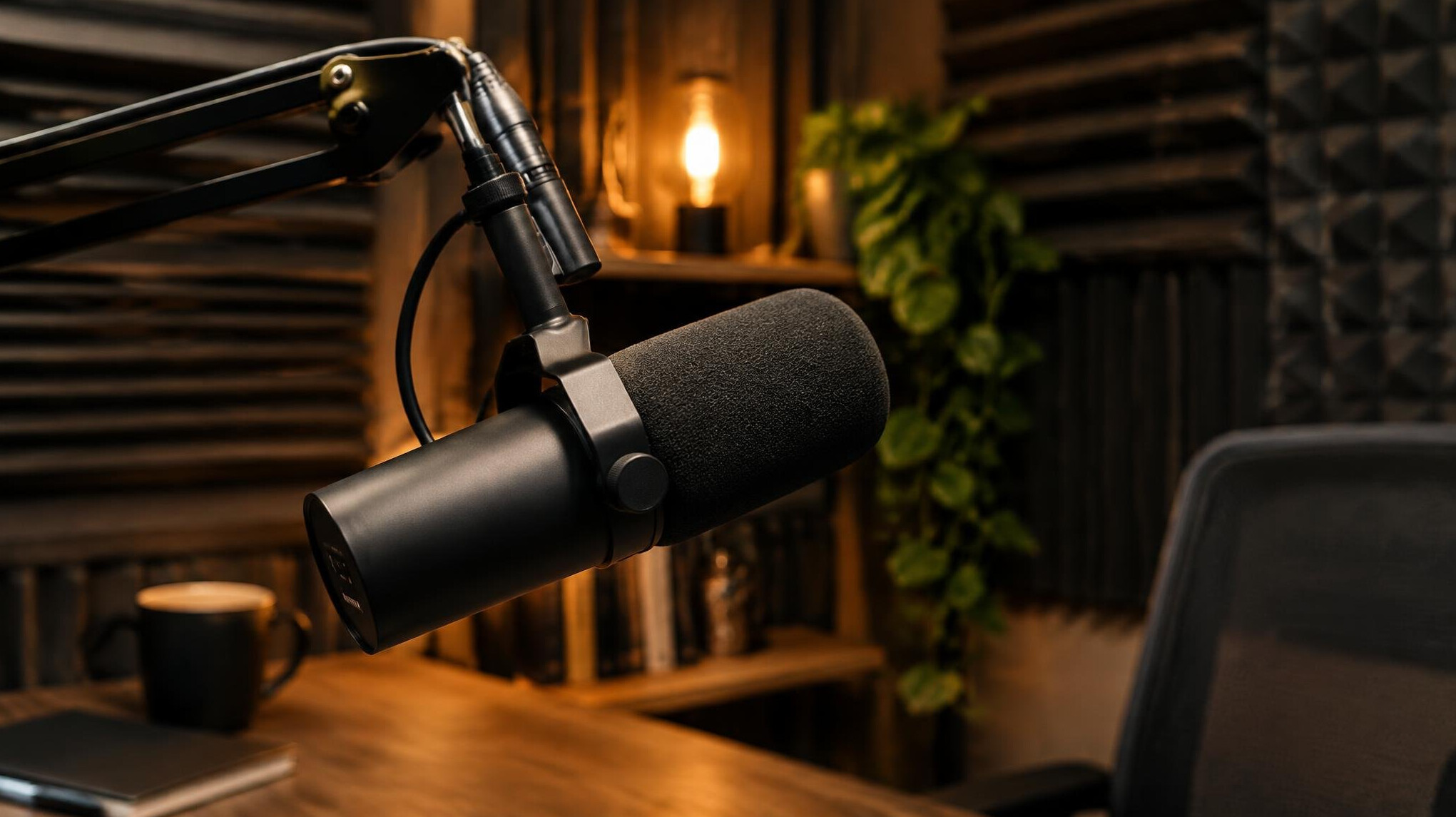 Podcast host recording in a studio with microphone