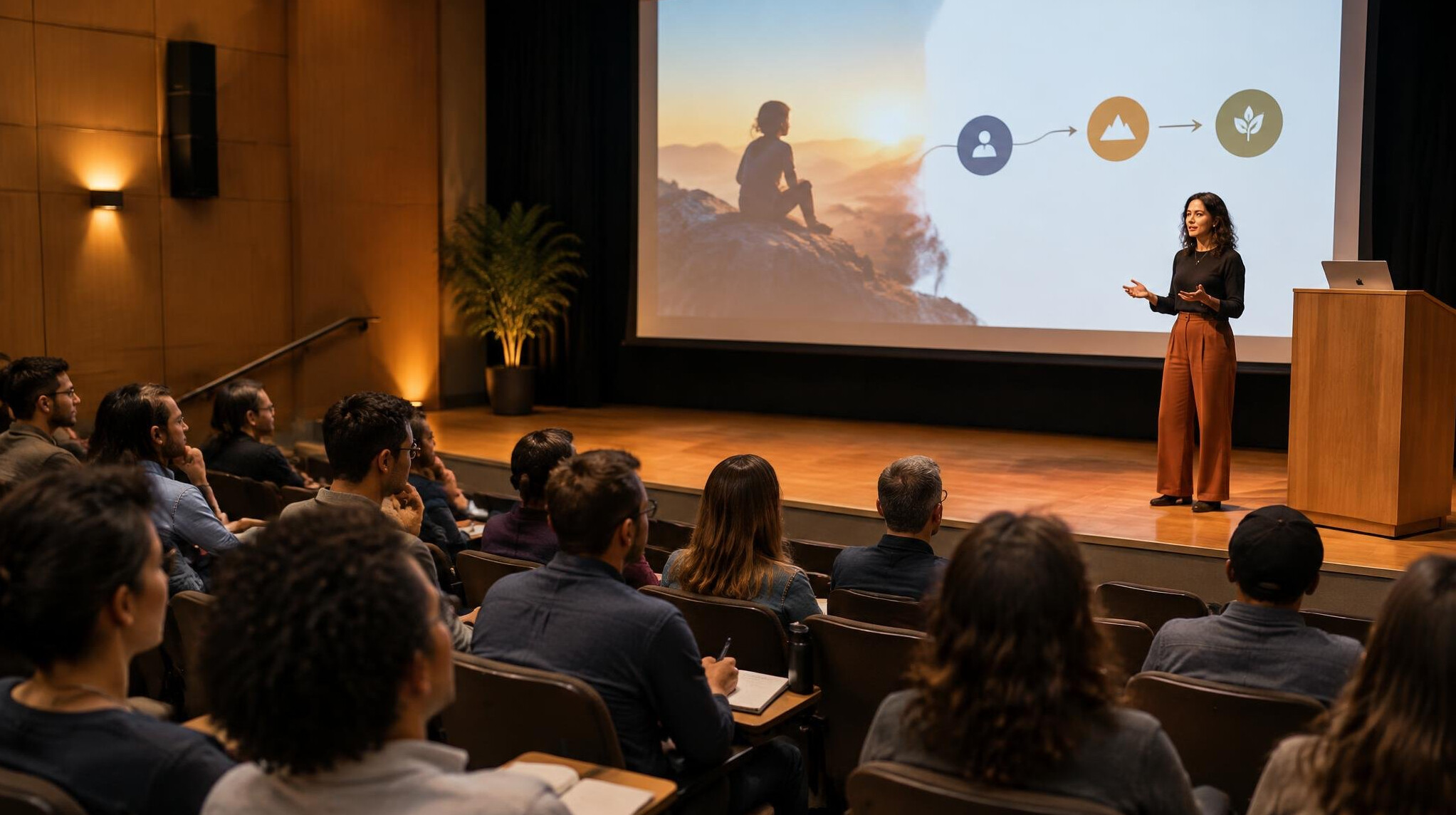 Speaker presenting to an audience in a lecture hall